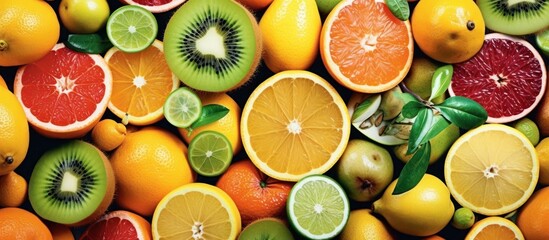 high quality, detailed, ultra realistic, 8k, HDR, studio lighting, macro shot, close-up, vibrant colors, assortment of fresh citrus fruits and other tropical fruits, oranges, lemons, limes, grapefruit