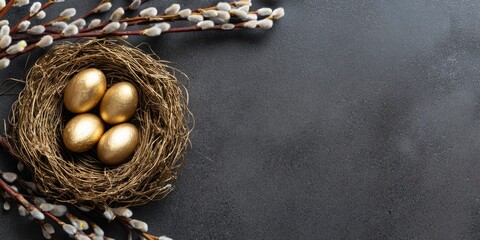 Naklejka premium Golden eggs nestled within a textured bird s nest on dark background