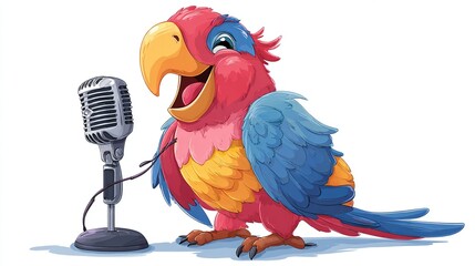 Colorful cartoon parrot with open beak, smiling, beside a vintage microphone, on a white background