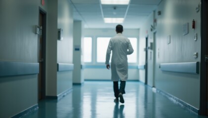 Medical Professional Walking in Hospital Corridor with Surgical Coat