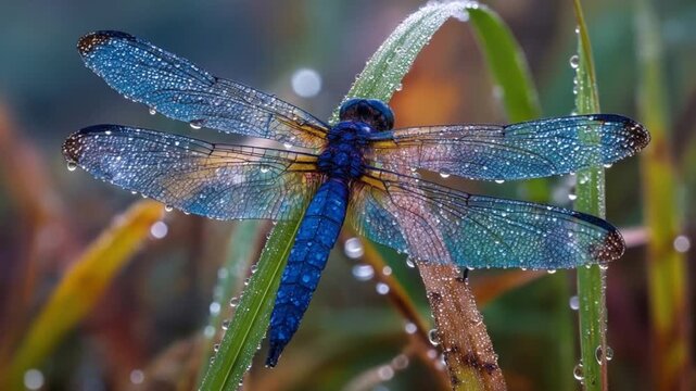 A macro shot of a dragonfly with dew drops on its wings and blade of grass