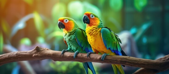 sun-dappled perch, vibrant parrot pair, lush jungle canopy, vivid plumage, captivating avian duo, enchanting tropical ambiance, dynamic wildlife portrait, dynamic parrot companions, mesmerizing natura