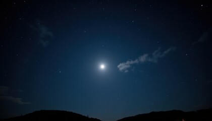 Serene Night Sky with Bright Moon and Twinkling Stars Over Hills
