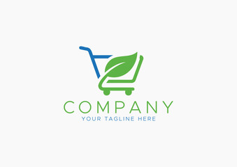 Organic and Eco-Friendly Shopping Cart Logo Icon with Green Leaf Symbol in Minimalist Design
