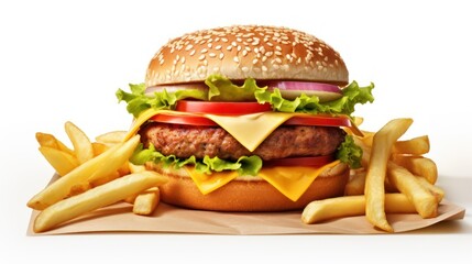 hamburger, cheeseburger, fast food, french fries, delicious, tempting, food photography, studio lighting, 4k, high resolution, photorealistic
