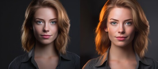 detailed portrait of a young woman with wavy auburn hair, deep blue eyes, and fair skin, wearing a black jacket, highly detailed, cinematic lighting, dark background, photorealistic, 8K
