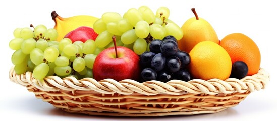 wicker basket full of fresh ripe fruits, apples, grapes, oranges, kiwi, plums, photorealistic, high definition, 8k
