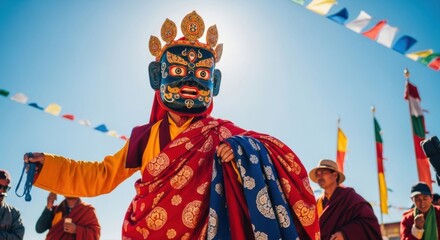 Traditional Masked Dancer Performing at Cultural Festival in Bright Blue Sky