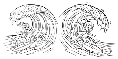 Vector art of a girl surfing a big wave, perfect for summerthemed coloring books and educational use