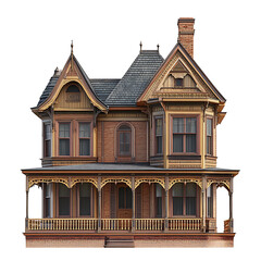 Fototapeta premium Victorian House: A captivating view of an ornate Victorian house showcases its intricate architectural details, from its elegant roof to its inviting porch, transporting viewers to a bygone era.