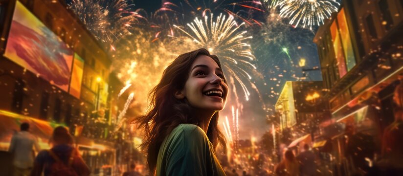 A woman gazing up at a vibrant display of fireworks over a lively city street, warm lighting, detailed cityscape, dramatic composition, cinematic, beautifully lit, Fujifilm X-T3, 35mm lens, f/1.4, 1/1