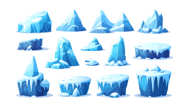Collection of realistic ice formations isolated on transparent background