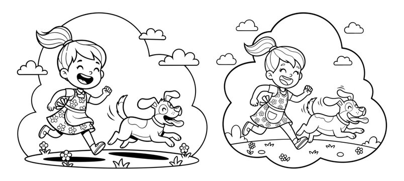 Vector art of a cheerful girl running with her dog, perfect for childrens books and activity pages