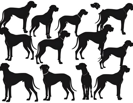 Black silhouettes of various Doberman Pinschers