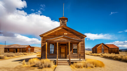 Historic wooden schoolhouse stands abandoned in a dusty ghost town under a bright blue sky