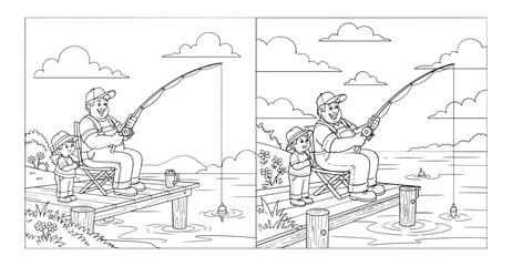 Obraz premium Vector art of father and son fishing on a pier, a delightful scene for coloring books and creative projects