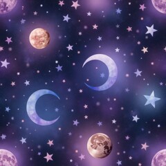 Cosmic Night Sky with Stars and Moons in Dreamy Pastel Colors