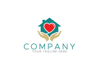 Home Care and Love Logo Design, House, Hand or Charity Organization Vector Icon