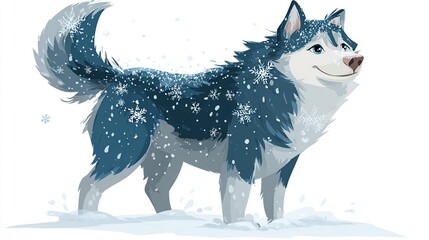 A stylized husky, bluish-gray fur dusted with snowflakes, stands in snowy terrain, gazing upward with a gentle expression; water droplets splatter 