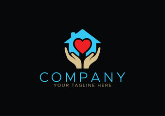 Home Care and Real Estate Love Logo, Hands Holding House with Red Heart, Vector Icon