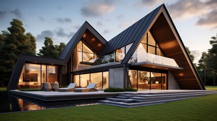 A photo of a sleek angular double-story house.