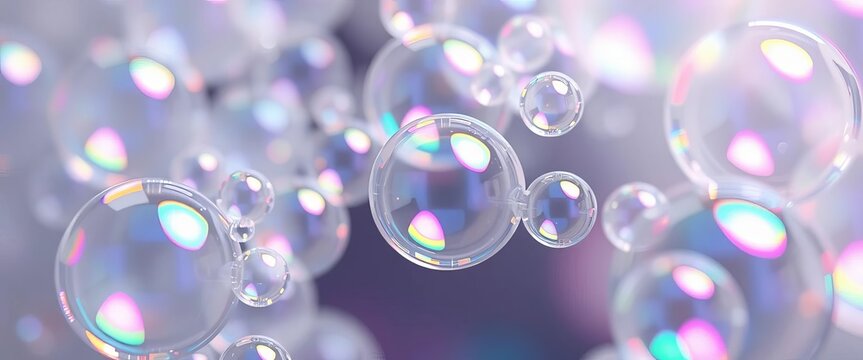 Close-up of iridescent soap bubbles clustered together, reflecting light,  liquid,  texture