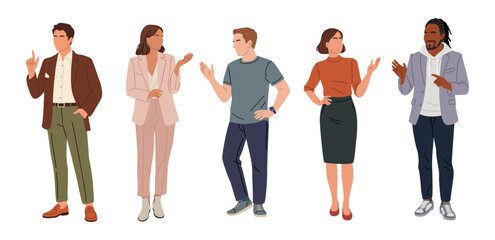 Vector flat illustrations set of diverse casual business people gesturing with hands, pointing to side and up, modern smart casual style, isolated on transparent background for office design projects
