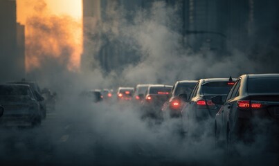 Urban traffic jam with heavy smog