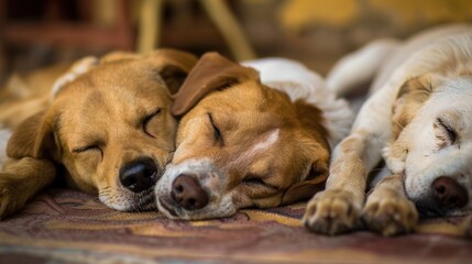 Dogs Sleeping Images, Showing scenes of dogs sleeping curled up on sofas, lying on carpets, nesting in dog beds, and snuggling with owners. Suitable for pet daily record matching images, pet product 