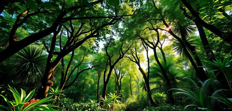 Lush green canopy, vibrant flora, dense vegetation, sunlight dappling forest floor, wildlife habitat, Asian rainforest - Powered by Adobe