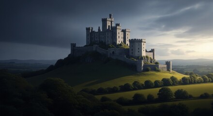 Obraz premium Medieval Castle on Hilltop Surrounded by Green Landscape Under Dramatic Sky