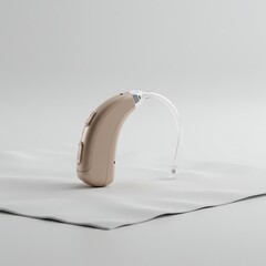Hearing Device Close-up on White Fabric in Studio