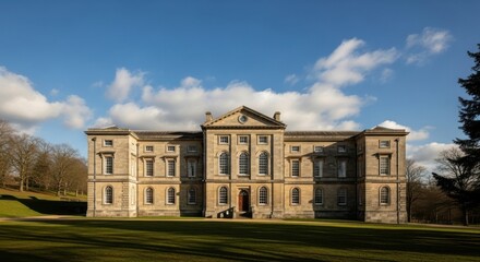 Grand Historic Mansion Building in Green Landscape Under Bright Blue Sky