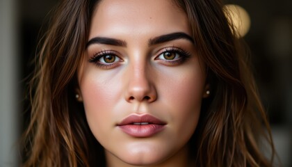 Obraz premium Glamorous woman with long brown hair and pink lips, a portrait of beauty elegance