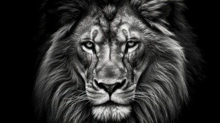 Fototapeta premium high resolution, detailed portrait of a majestic lion, close-up shot of the lion's face, dramatic lighting, black and white photography, intricate fur textures, intense gaze, powerful presence, cinema