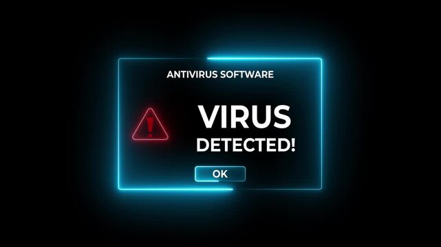 Close-up of antivirus software alert showing virus detection on a computer screen. Important for cyber security awareness and digital safety. Motion graphics of virus concept.
