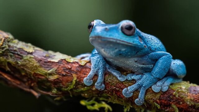 A vibrant blue frog perched upon a moss-covered branch, in sharp focus against a dark background