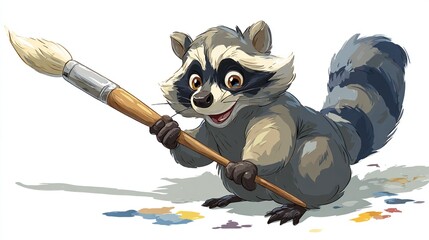 Cute raccoon holding paintbrush, colorful paint splatters below