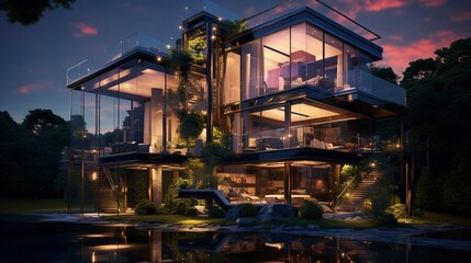 A photo of a sleek triple-story glass house. ,