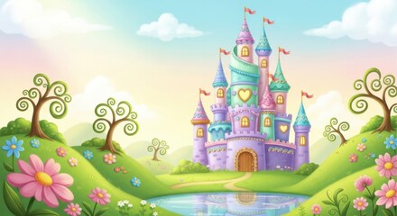 Fototapeta premium Colorful Fairy Tale Castle Surrounded by Lush Green Landscape with Pink Flowers and Whimsical Trees in Bright Sky