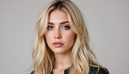 Fototapeta premium Captivating portrait, woman with long blonde hair and striking blue eyes stunning