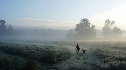Foggy morning with a dog walking on a dew-soaked spiderweb-covered field (2)
