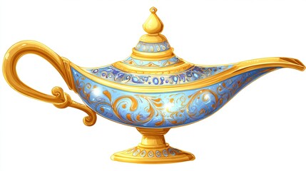 Ornate, gold and blue magic lamp with intricate detailing, handle, spout, and finial