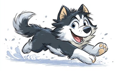 Cartoon husky puppy, fluffy fur, blue eyes, playful expression, running, snow-like splash, clean white background