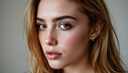 Naklejka premium Glamorous woman with long flowing hair and vibrant pink lipstick, a portrait of beauty style