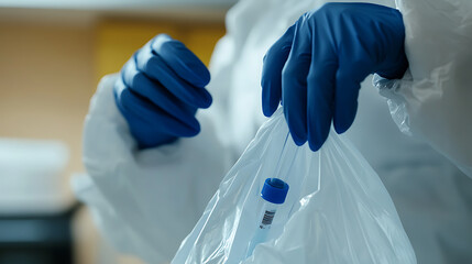 Handling a Specimen: A healthcare worker wearing personal protective equipment (PPE) carefully places a sample tube into a clear plastic bag for safe transport.