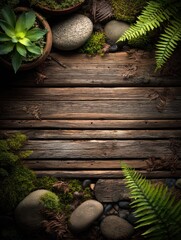 A serene arrangement of succulents, ferns, moss, and stones on a weathered wooden surface.