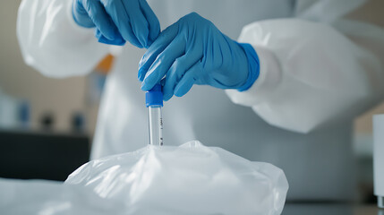 Lab technician handles sample tube. Gloves and lab coat ensure safety. Testing process. Science and medicine intertwine for precise results.