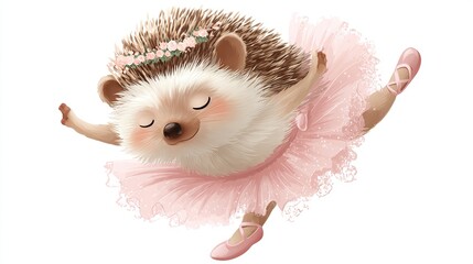 Whimsical illustration of a hedgehog ballerina in a pink tutu, arms extended, eyes closed, graceful pose