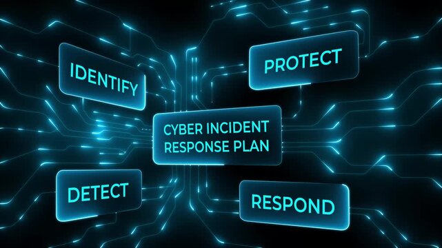 A cyber incident response plan with interconnected processes such as identify, protect, detect, and respond, depicted in vibrant neon colors against. Glowing neon background. 4k.
